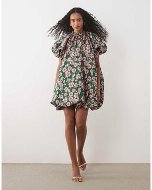 Sister Jane Colette Jacquard High Neck Puff Sleeve Bubble Hem Mini Dress - Natural