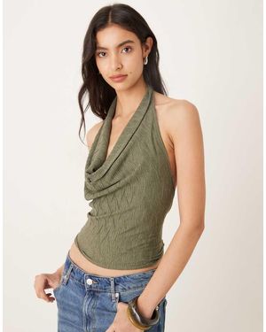 Gina Tricot Pleated Textured Halterneck Top With Open Tie Up Back - Green