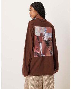 ASOS Long Sleeve Oversized Tee With Cherry Espresso Graphic - Brown