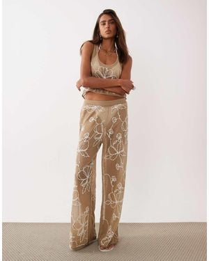 Miss Selfridge Beach Premium Sheer Knit Embroidered Wide Leg Trousers - Natural