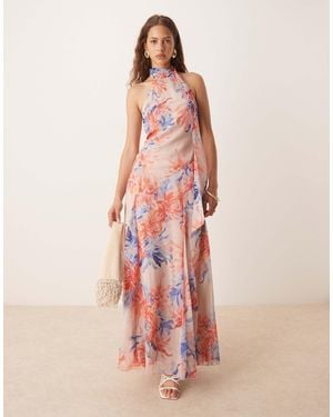 ASOS Robe longue dos nu en mousseline à taille basse - rose et bleu à fleurs