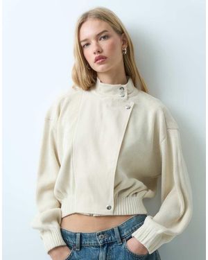 Mango Knitted Funnel Neck Jacket - Natural