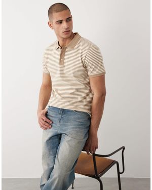 Threadbare Polo manches courtes en maille à rayures - taupe/écru - Bleu