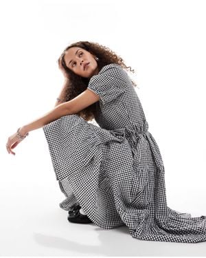 Monki Seersucker Wrap Midi Dress With Tiered Layers - Gray