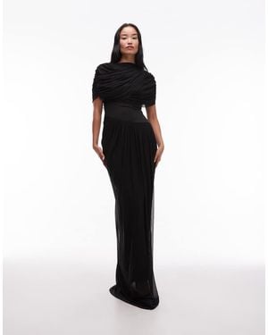HEIRESS BEVERLY HILLS Mesh Overlay Drape Detail Asymmetric Drop Waist Maxi Dress - Black