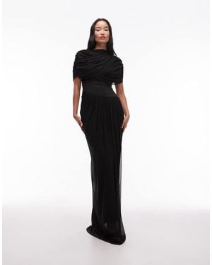 HEIRESS BEVERLY HILLS Mesh Overlay Drape Detail Asymmetric Drop Waist Maxi Dress - Black