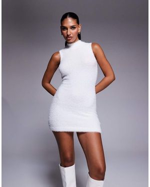 Aria Cove Fluffy Knit High Neck Sleeveless Mini Jumper Dress Co-ord - White