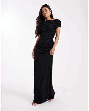 Six Stories Bridesmaids Stretch Asymmetric Shoulder Detail Maxi Dress With Ruching - Black