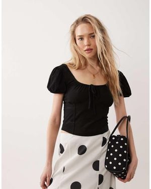 Miss Selfridge Puff Sleeve Milkmaid Top - Black