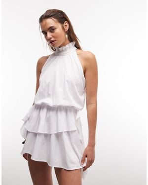 Aria Cove High Neck Frill Detail Tiered Drape Detail Mini Dress - White