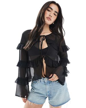 Miss Selfridge Tie Front Ruffle Blouse - Black