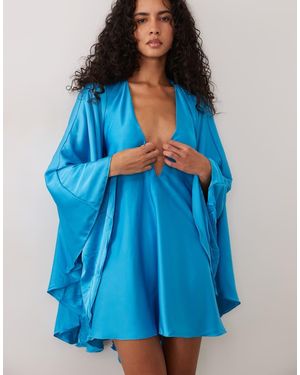 The Dolls House Lorena Volume Sleeve Plunge Satin Mini Dress - Blue