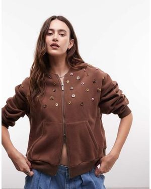 Daisy Street Jersey Zip Up Hoodie With Button Embelishments - Brown