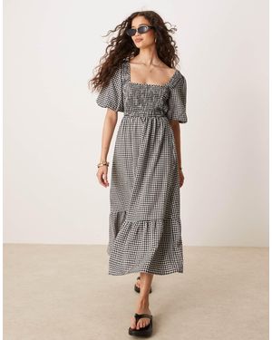 Threadbare Gingham Milkmaid Midi Dress With Shirred Bust - Grey