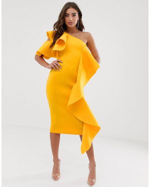 Lavish Alice One Shoulder Scuba Midi Dress With Frill Detail - Yellow