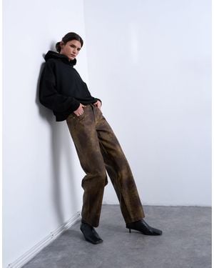 TOPSHOP Faux Leather Washed Straight Leg Trouser - Brown