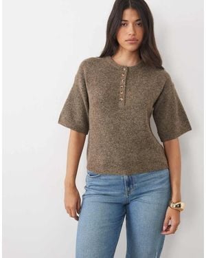 Nobody's Child Wool Mix Knitted Crew Neck Short Sleeve Relaxed Fit Henley Tee - Brown