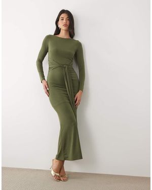 TFNC London Slinky Slash Neck Drape Front Long Sleeve Maxi Dress - Green