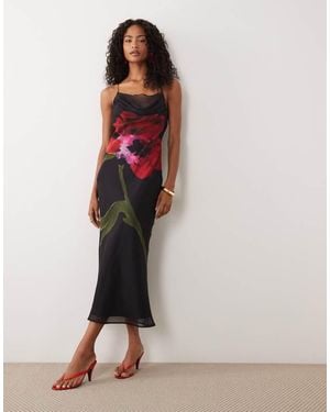 ASOS Schuingesneden Midi-Jurk Met Bandjes, Gedrapeerde Halslijn, Panelen En Bloemenprint - Roze