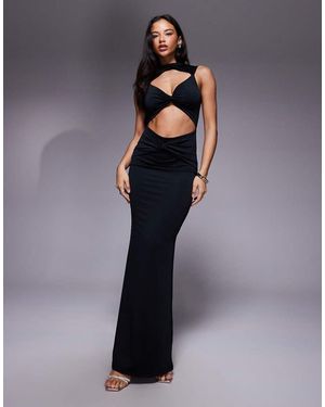 Aria Cove Double Layered Slinky Cut Out High Neck Twist Front Maxi Dress - Grey