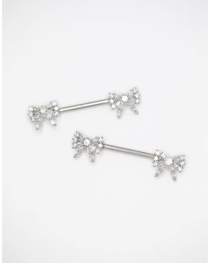 Lovisa Pack De 2 Piercings Para El Pezón Plateados De Acero Quirúrgico Con Diseño De Dos Lazos De Circonitas De - Blanco