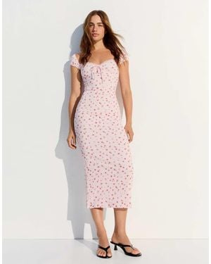 Bershka Lace Crinkle Midi Dress - Pink