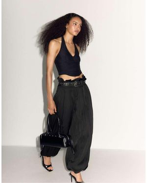 Stradivarius Satin Sarouel Trousers With Belt - Black