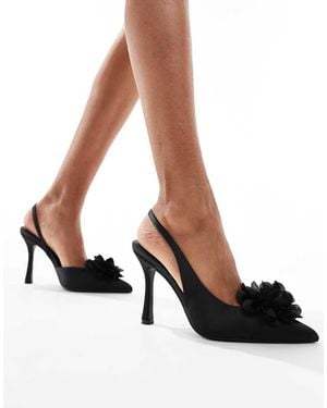 Glamorous Slingback Heeled Shoes With Flower - Black