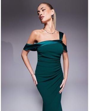 Goddiva One Shoulder Satin Band Maxi Dress - Green