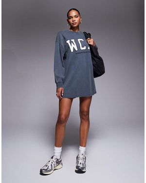 ASOS Weekend Collective Icon Oversized Long Sleeve T-shirt Dress With Varsity Logo - Blue