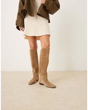 Mango Suede Knee High Flat Boot - Natural