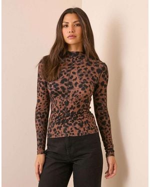 Nobody's Child Leopard Print Jersey High Neck Top - Brown