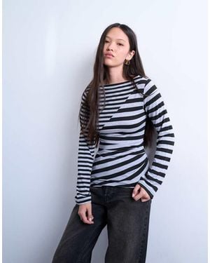 TOPSHOP Contrast Stripe Ruched Long Sleeve Top - Blue