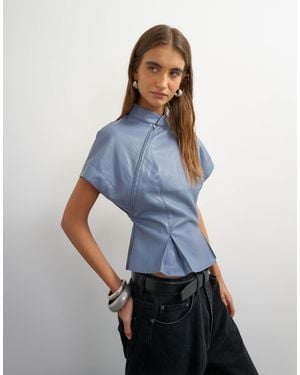 TOPSHOP Faux Leather Zip Detail Batwing Top - Blue