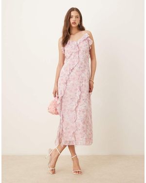 Vila Vestito Midi Rosa A Fiori Con Volant