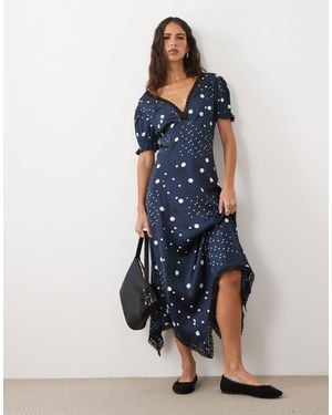 Wednesday's Girl Cap Sleeve Satin Midaxi Dress With Lace Trim - Blue