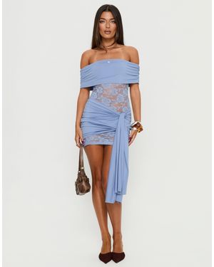 Princess Polly Adelice Slinky Bardot Knot Drape Front Lace Insert Mini Dress - Blue
