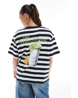 Pull&Bear Matcha Graphic Striped Oversized Tee - Gray