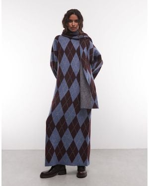 Muse Assembly Argyle Knit Maxi Dress With Matching Scarf - Blue