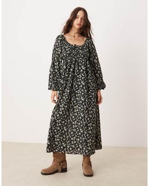 Glamorous Vestito Lungo A Fiori Romantici Bohémien Con Maniche Voluminose E Laccio Sul Davanti - Nero