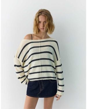 Pull&Bear Striped Jumper With Seam Detail - White