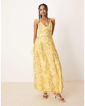 LACE & BEADS Robe volantée longueur mollet en tulle imprimé fleuri - Jaune