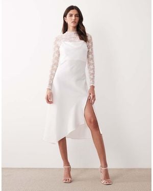 Y.A.S Long Sleeve Lace Underlay Cami Satin Dress - Natural