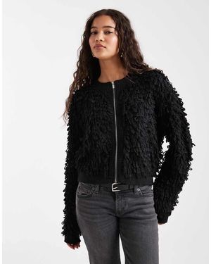 French Connection Harig Gebreid Vest Met Franjes En Ritssluiting - Zwart