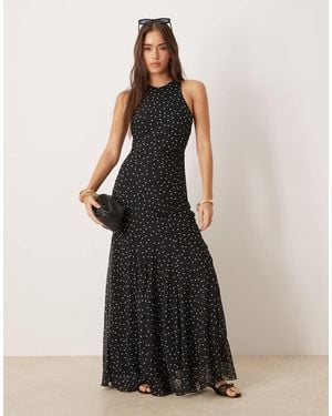 ASOS Vestito Lungo Taglio Sbieco Con Scollo A Vogatore, Fondo Godet E Stampa A Pois - Nero