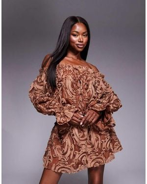 ASOS Textured Off Shoulder Oversized Mini Dress With Elasticated Waist - Brown