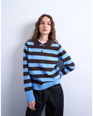 TOPSHOP Knitted Stripe Polo - Blue