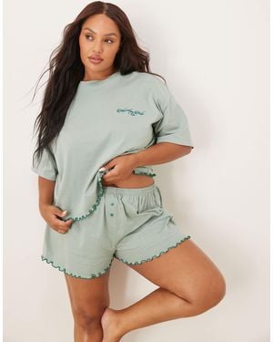 ASOS Asos Design Curve Short Sleeve & Short Pajama Set With Slogan - Green