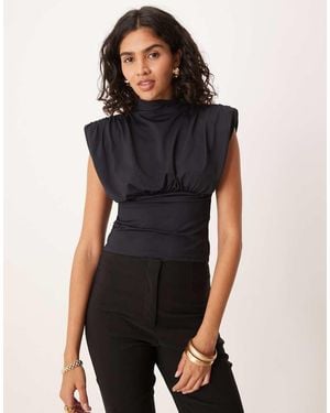ASOS Top Con Cuello Subido, Cintura Ceñida Y Detalle De Hombreras De - Negro