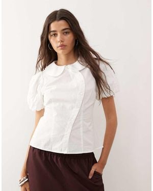 Reclaimed Vintage Neat Fit Shirt With Asymmetric Buttons And Puff Sleeve - White